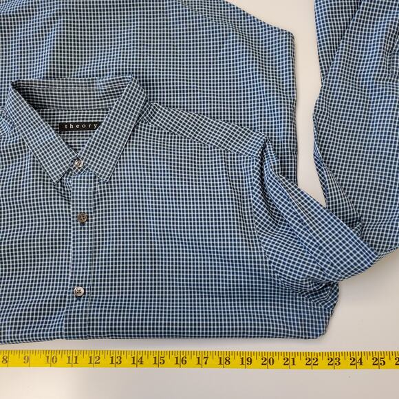 Theory Shirt Mens Large Zack PS Button Front Long Sleeve Checked Plaid Navy Blue - Picture 7 of 9
